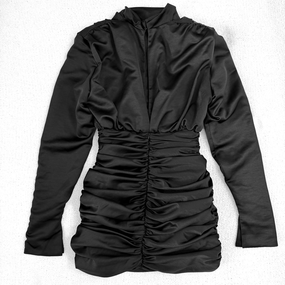 House of CB Giorgiana Black Satin Ruched Mini Dress Size Large - Picture 6 of 12
